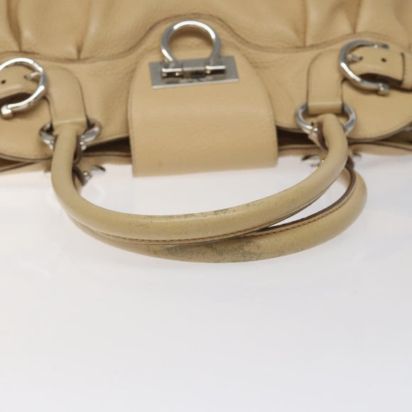 Salvatore Ferragamo Gancini Shoulder Bag Leather Beige Silver Auth EC551