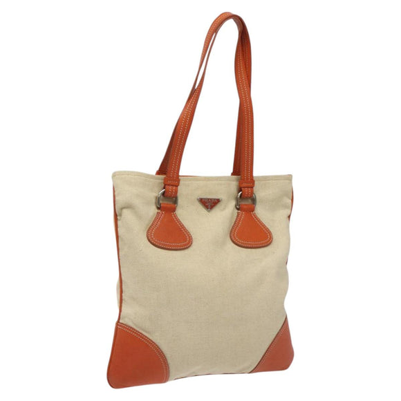 PRADA Hand Bag Canvas Beige Silver Auth EC559