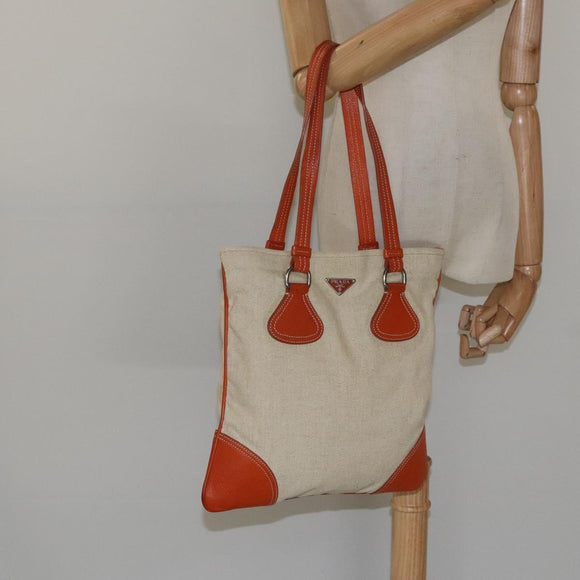 PRADA Hand Bag Canvas Beige Silver Auth EC559