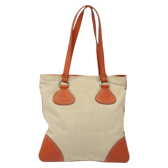 PRADA Hand Bag Canvas Beige Silver Auth EC559