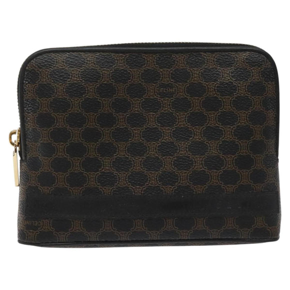 CELINE Macadam Canvas Pouch PVC Leather Black Gold Auth EC600V