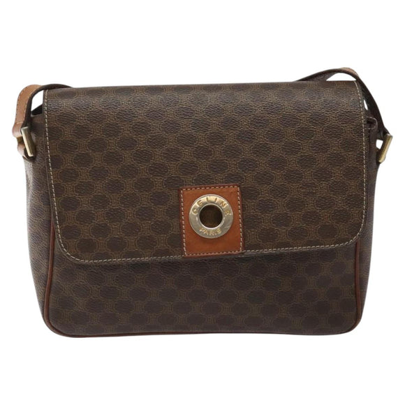 CELINE Macadam Canvas Shoulder Bag PVC Leather Brown Gold Auth EC639