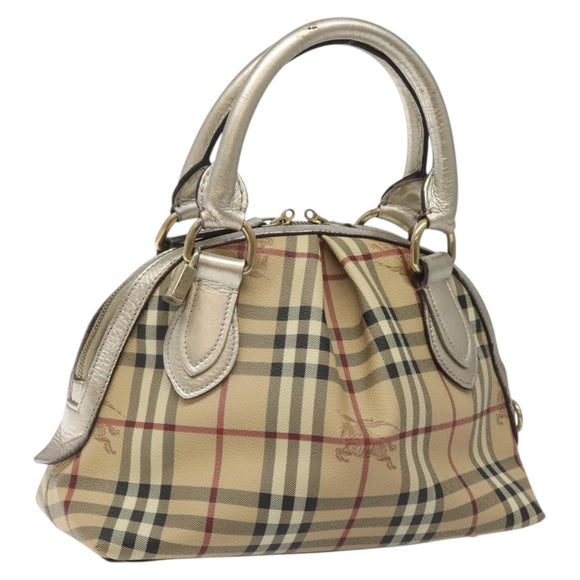 BURBERRY Nova Check Hand Bag PVC Leather Beige Silver gold Auth EC660