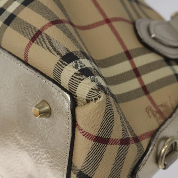 BURBERRY Nova Check Hand Bag PVC Leather Beige Silver gold Auth EC660