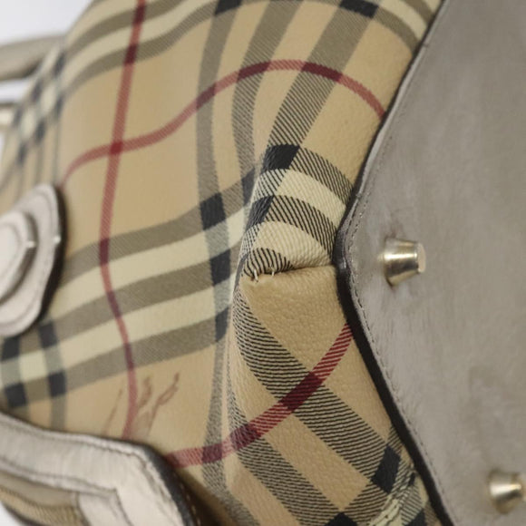 BURBERRY Nova Check Hand Bag PVC Leather Beige Silver gold Auth EC660
