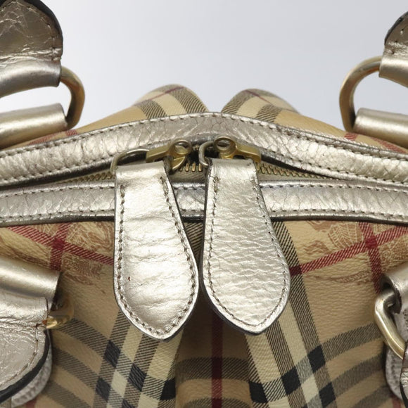 BURBERRY Nova Check Hand Bag PVC Leather Beige Silver gold Auth EC660
