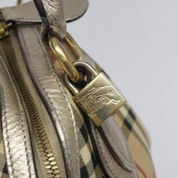 BURBERRY Nova Check Hand Bag PVC Leather Beige Silver gold Auth EC660