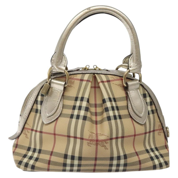 BURBERRY Nova Check Hand Bag PVC Leather Beige Silver gold Auth EC660