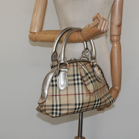 BURBERRY Nova Check Hand Bag PVC Leather Beige Silver gold Auth EC660