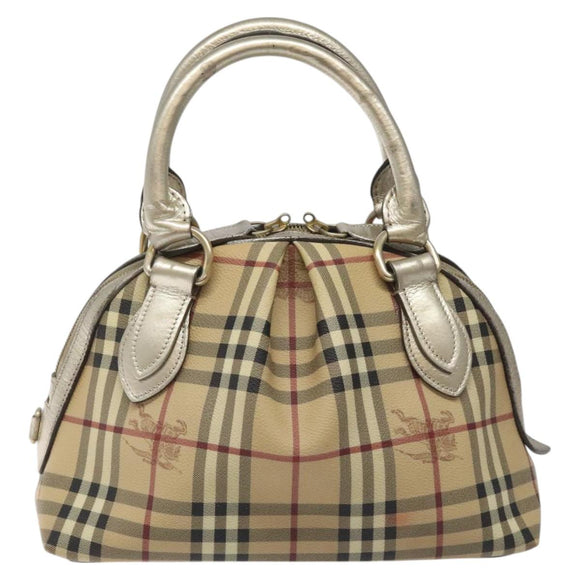 BURBERRY Nova Check Hand Bag PVC Leather Beige Silver gold Auth EC660