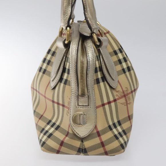 BURBERRY Nova Check Hand Bag PVC Leather Beige Silver gold Auth EC660