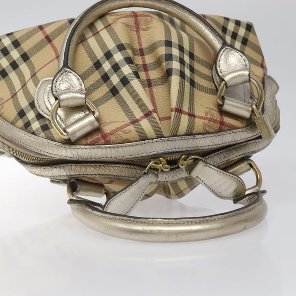 BURBERRY Nova Check Hand Bag PVC Leather Beige Silver gold Auth EC660