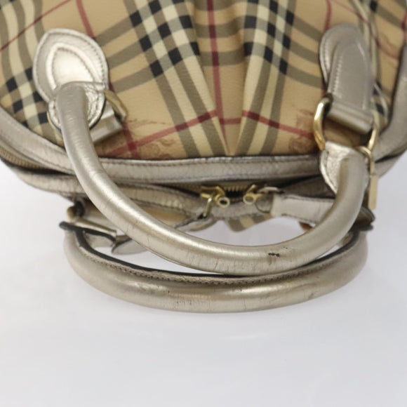 BURBERRY Nova Check Hand Bag PVC Leather Beige Silver gold Auth EC660