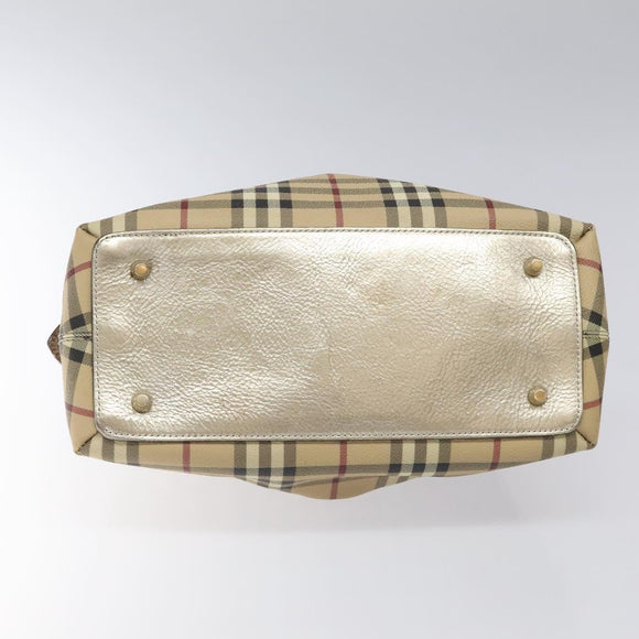 BURBERRY Nova Check Hand Bag PVC Leather Beige Silver gold Auth EC660