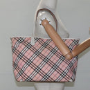 BURBERRY Nova Check Blue Label Tote Bag Nylon Pink White Silver Auth EC681-22
