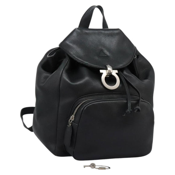 Salvatore Ferragamo Gancini Backpack Leather Black Silver Auth EC696