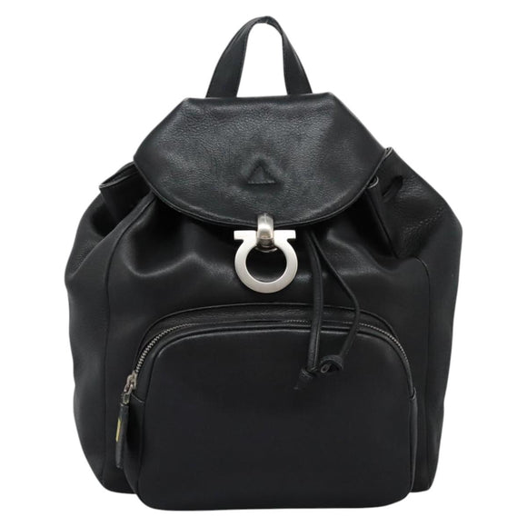 Salvatore Ferragamo Gancini Backpack Leather Black Silver Auth EC696