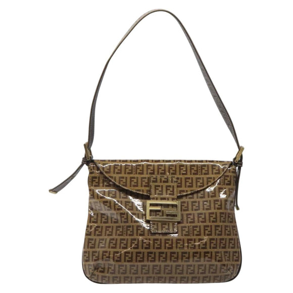 FENDI Zucchino Canvas Mamma Baguette Shoulder Bag PVC Brown Gold Auth EC724
