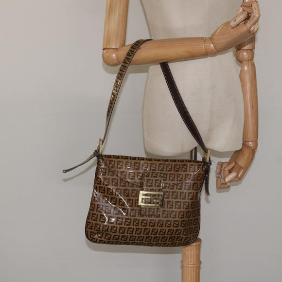 FENDI Zucchino Canvas Mamma Baguette Shoulder Bag PVC Brown Gold Auth EC724
