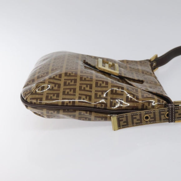 FENDI Zucchino Canvas Mamma Baguette Shoulder Bag PVC Brown Gold Auth EC724