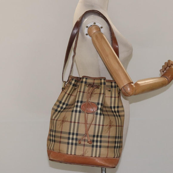 Burberrys Nova Check Shoulder Bag PVC Leather Beige Brown gold Auth EC731
