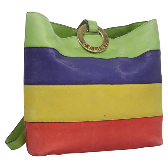 CELINE Shoulder Bag Leather Green Red yellow Auth EC743