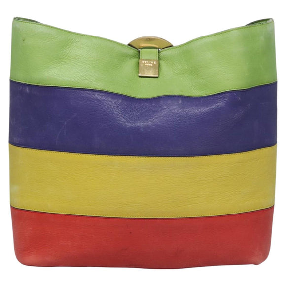 CELINE Shoulder Bag Leather Green Red yellow Auth EC743