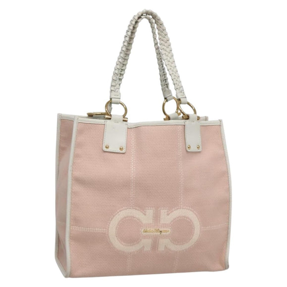 Salvatore Ferragamo Gancini Tote Bag Canvas Leather Pink White gold Auth EC754