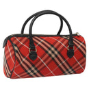BURBERRY Nova Check Blue Label Hand Bag Nylon Leather Red Black gold Auth EC765-1