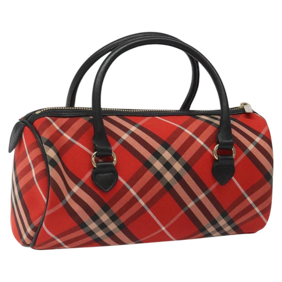 BURBERRY Nova Check Blue Label Hand Bag Nylon Leather Red Black gold Auth EC765