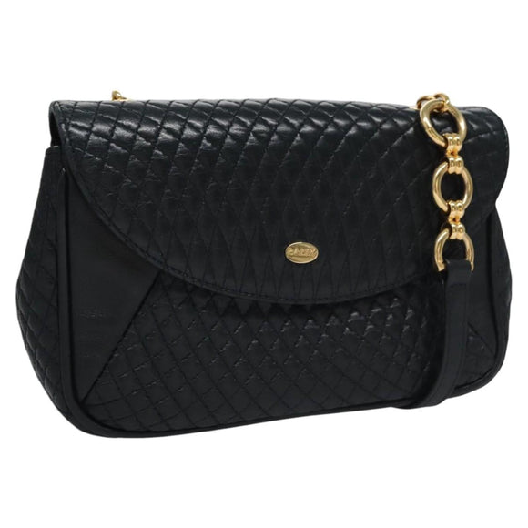 BALLY Shoulder Bag Leather Navy Gold Auth EC776