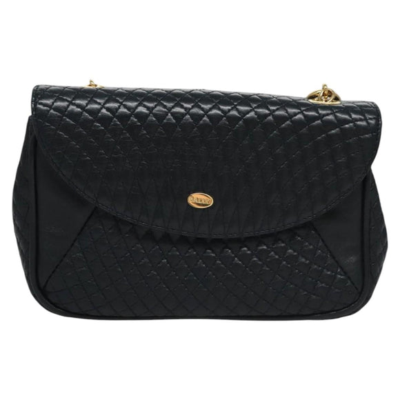 BALLY Shoulder Bag Leather Navy Gold Auth EC776