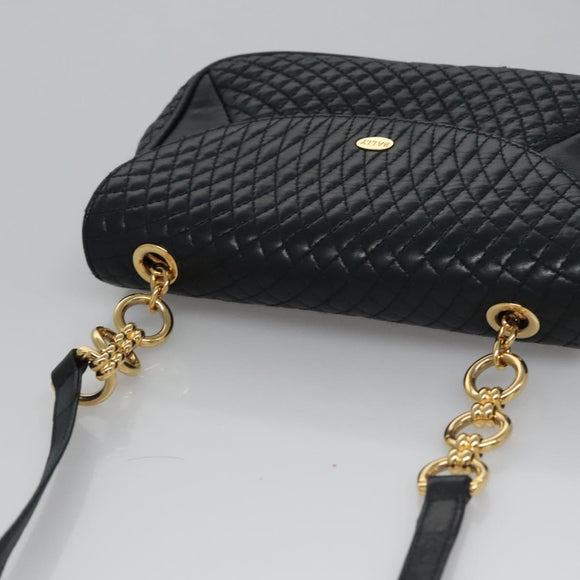 BALLY Shoulder Bag Leather Navy Gold Auth EC776