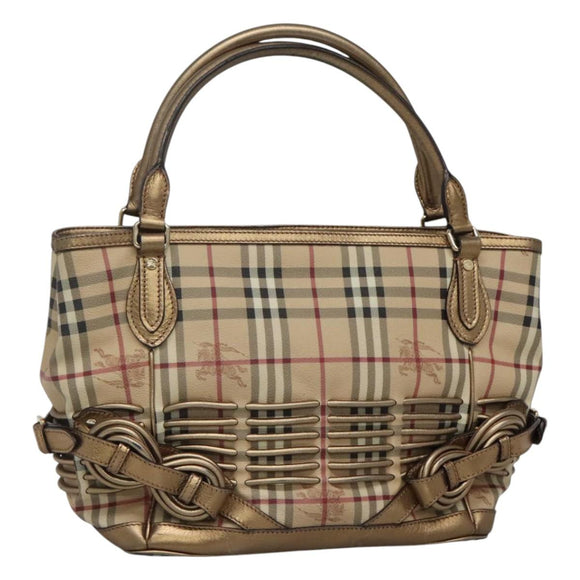 BURBERRY Nova Check Hand Bag PVC Leather Beige gold Auth EC786