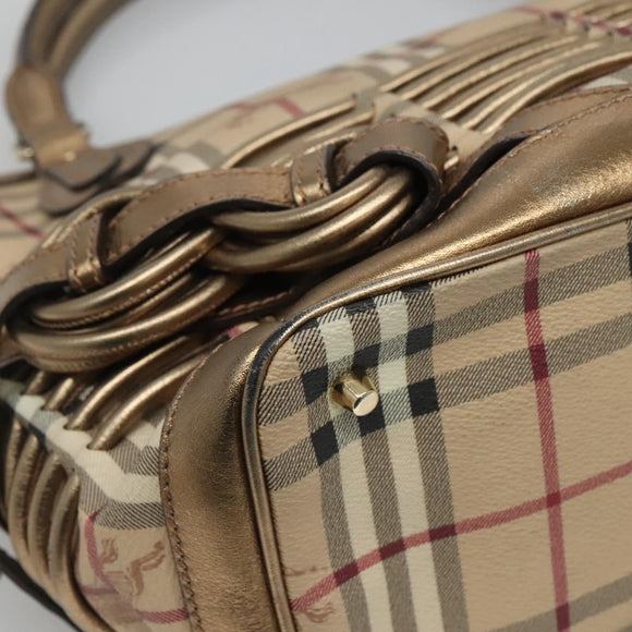 BURBERRY Nova Check Hand Bag PVC Leather Beige gold Auth EC786