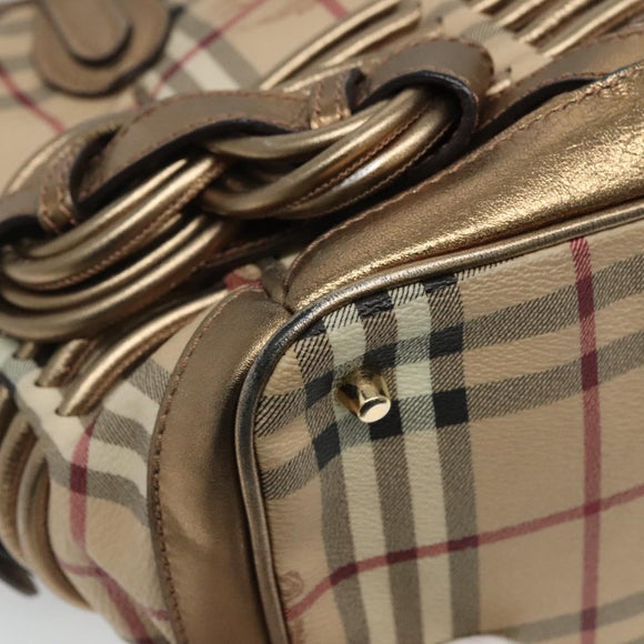 BURBERRY Nova Check Hand Bag PVC Leather Beige gold Auth EC786