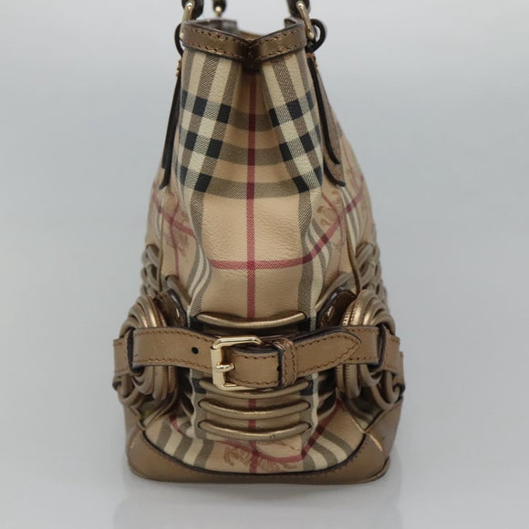 BURBERRY Nova Check Hand Bag PVC Leather Beige gold Auth EC786