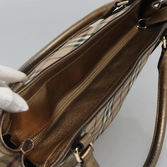 BURBERRY Nova Check Hand Bag PVC Leather Beige gold Auth EC786