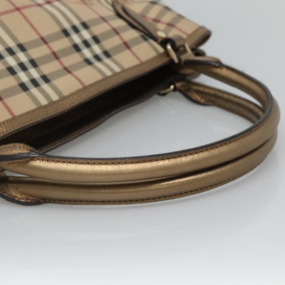 BURBERRY Nova Check Hand Bag PVC Leather Beige gold Auth EC786