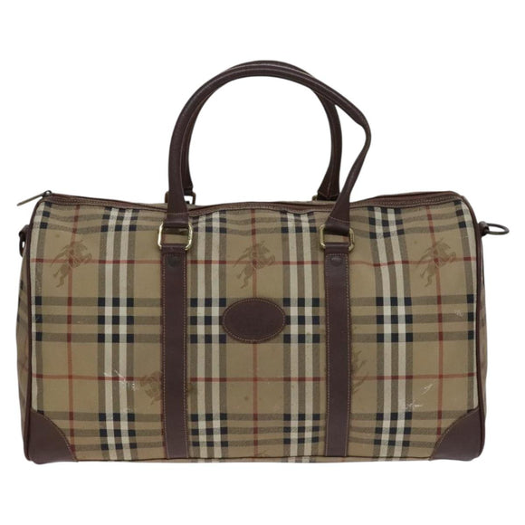 Burberrys Nova Check Boston Bag PVC 2way Beige Gold Auth EC805