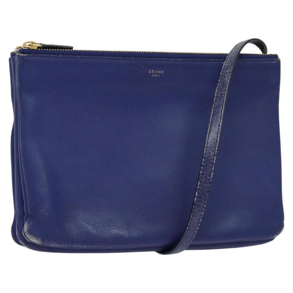 CELINE Trio Shoulder Bag Leather Blue Gold Auth EC863
