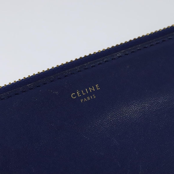 CELINE Trio Shoulder Bag Leather Blue Gold Auth EC863