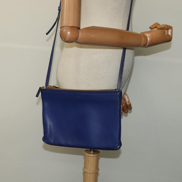 CELINE Trio Shoulder Bag Leather Blue Gold Auth EC863