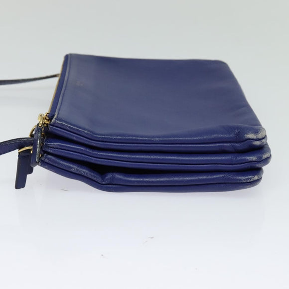 CELINE Trio Shoulder Bag Leather Blue Gold Auth EC863