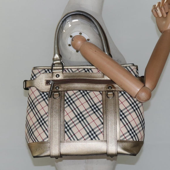BURBERRY Nova Check Tote Bag Canvas Beige Gold Auth EC868