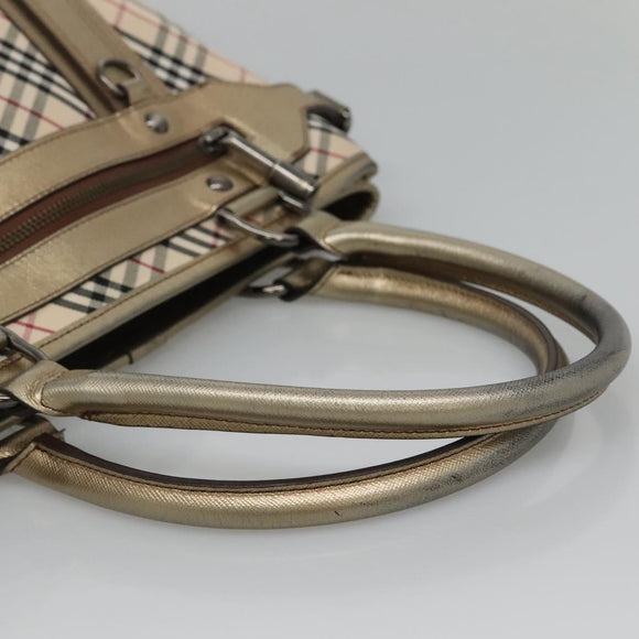 BURBERRY Nova Check Tote Bag Canvas Beige Gold Auth EC868