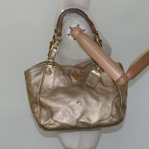 PRADA Tote Bag Leather Gold Tone Auth EC905