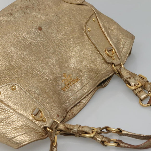 PRADA Tote Bag Leather Gold Tone Auth EC905