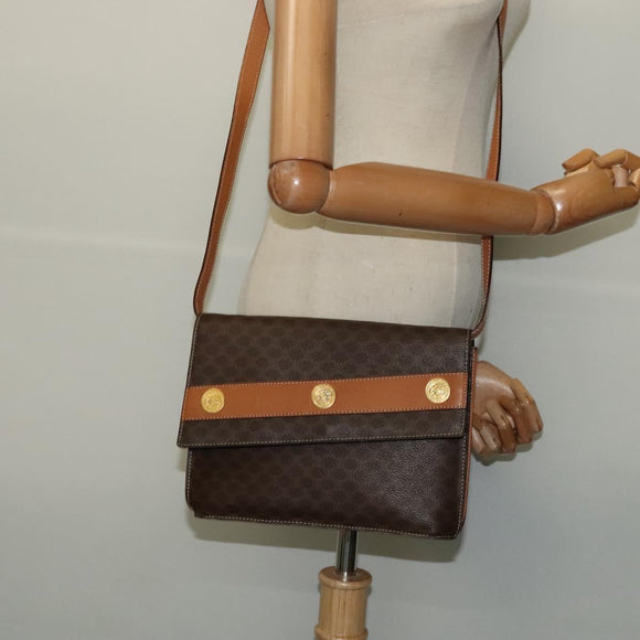 CELINE Macadam Canvas Coin Shoulder Bag PVC Leather Brown Gold Auth EC933