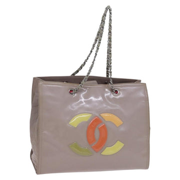 CHANEL Chain Tote Bag Patent leather Beige CC Auth EC956
